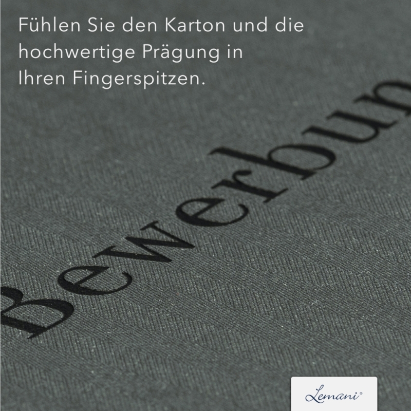 Karton-Mappe mit Textil-Design 3-teilig in dark grey mit Dreiecktaschen (li.) und 2 Heftstreifen