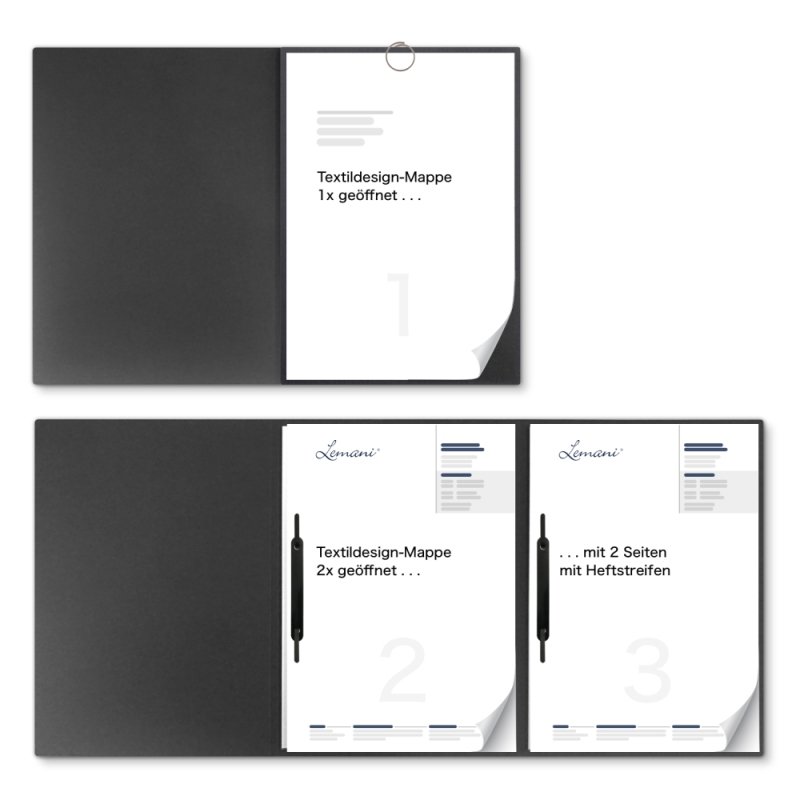 Karton-Mappe mit Textil-Design 3-teilig in dark grey mit runder Metallklammer (re.) und 2 Heftstreifen