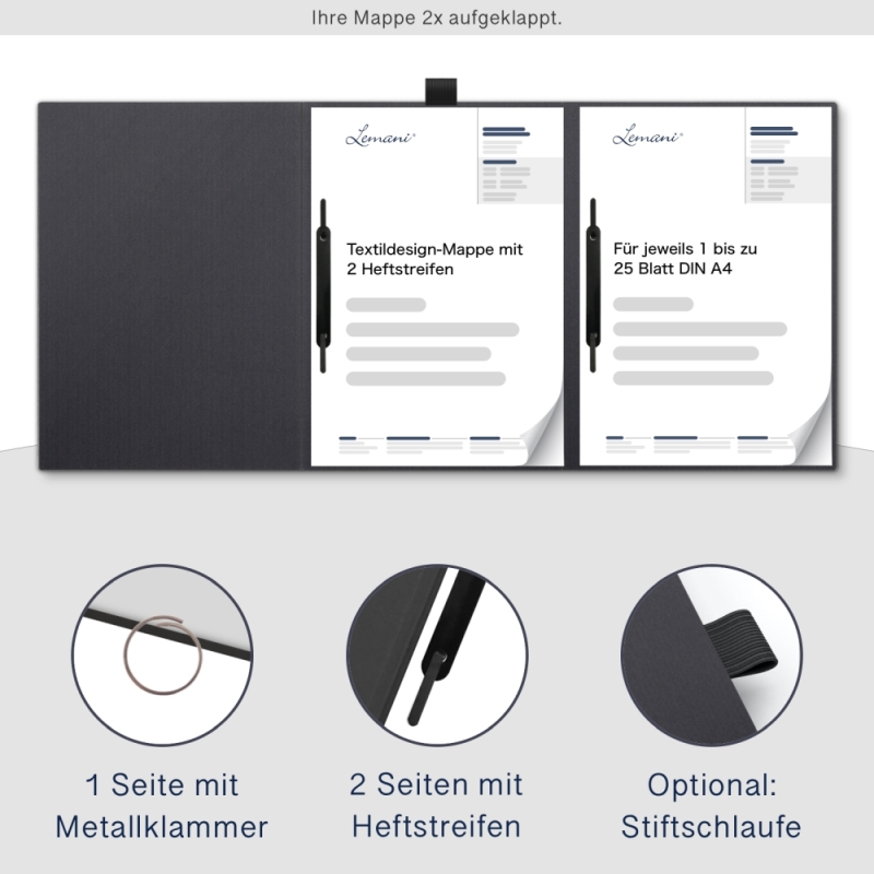 Premium Karton-Mappe 3-teilig in dark grey mit runder Metallklammer (re.) und 2 Heftstreifen