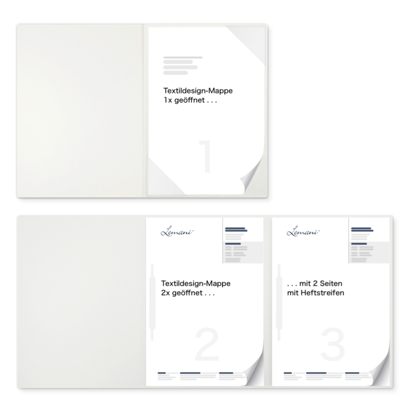 Karton-Mappe mit Textil-Design 3-teilig in pearl white mit Dreiecktaschen (re.) und 2 Heftstreifen