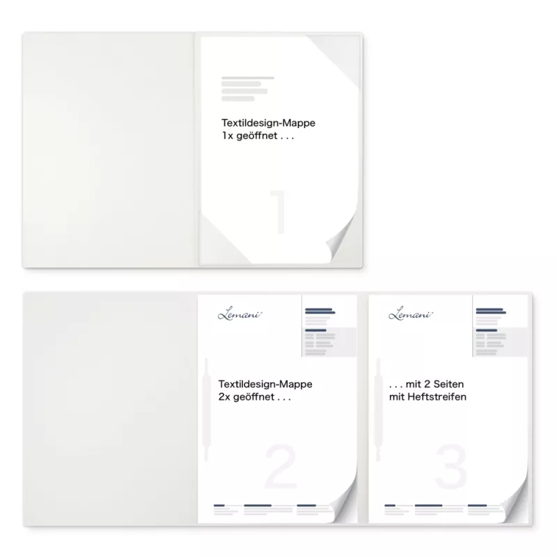 Premium Karton-Mappe 3-teilig in pearl white mit Dreiecktaschen (re.) und 2 Heftstreifen