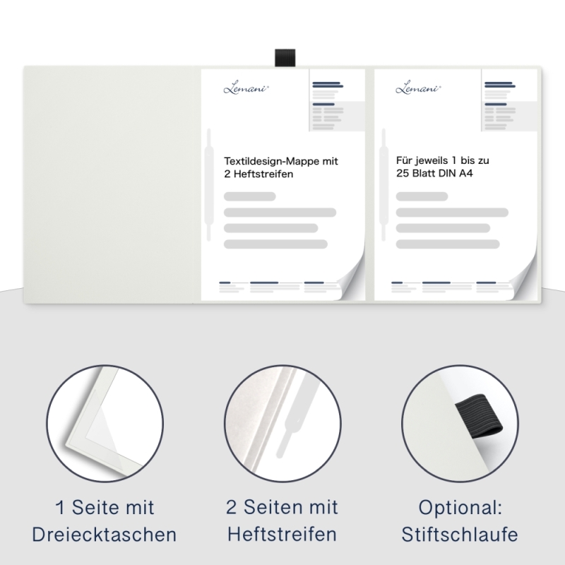 Premium Karton-Mappe 3-teilig in pearl white mit Dreiecktaschen (re.) und 2 Heftstreifen