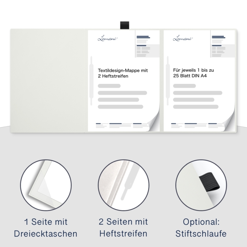 Karton-Mappe mit Textil-Design 3-teilig in pearl white mit Dreiecktaschen (re.) und 2 Heftstreifen