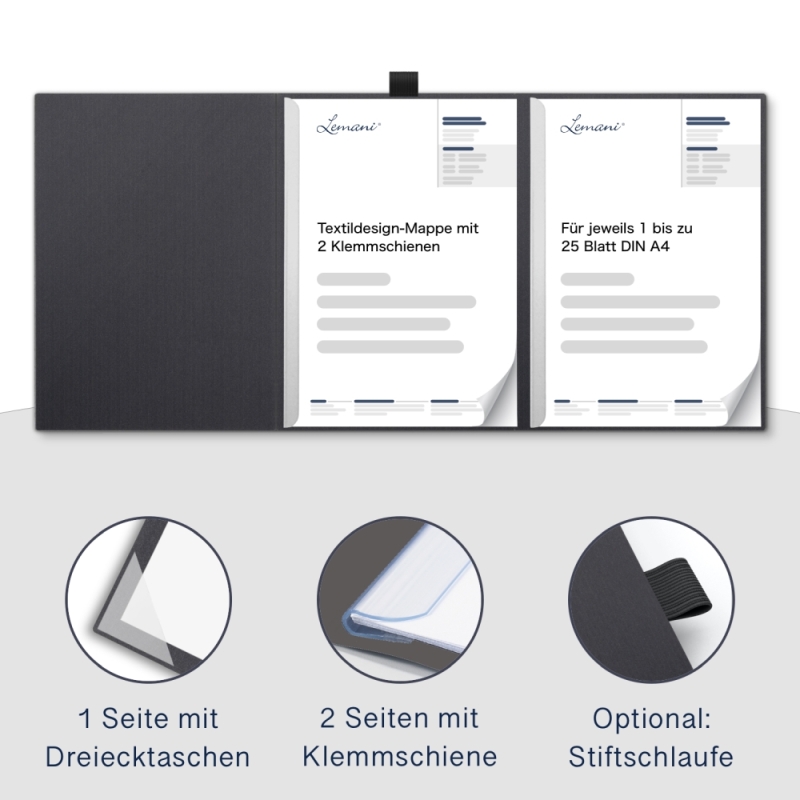Premium Karton-Mappe 3-teilig in dark grey mit Dreiecktaschen (re.) und 2 Klemmschienen
