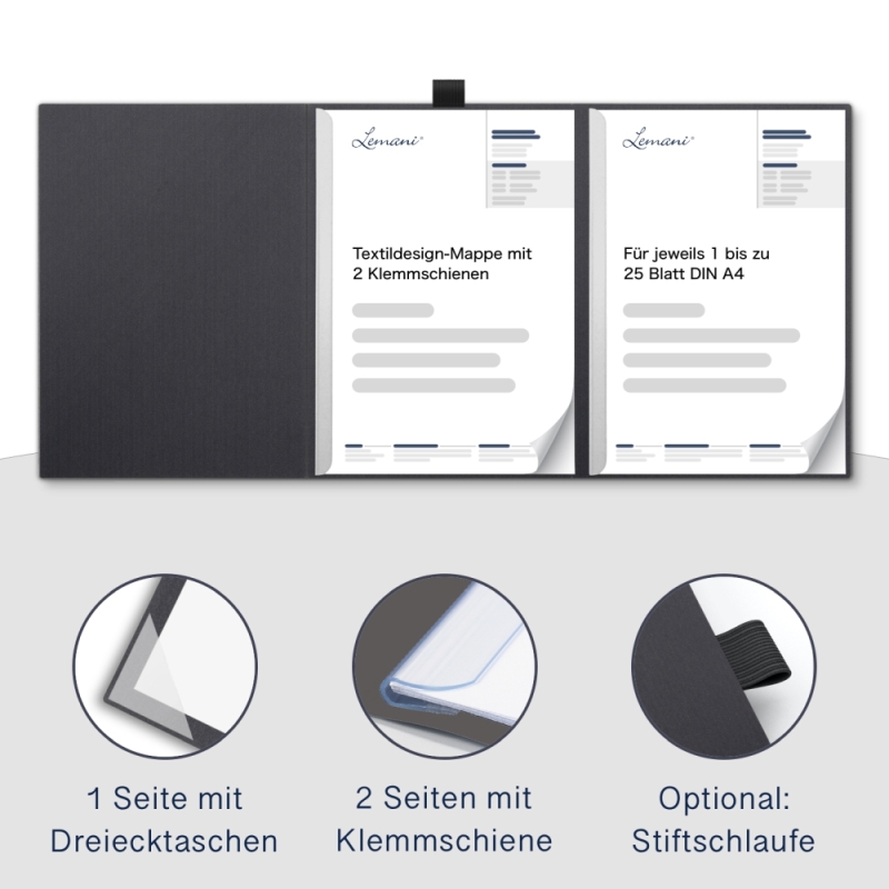 Karton-Mappe mit Textil-Design 3-teilig in dark grey mit Dreiecktaschen (re.) und 2 Klemmschienen