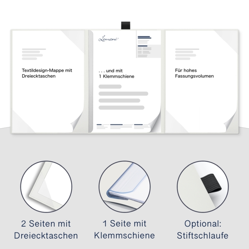 Karton-Mappe mit Textil-Design 3-teilig in pearl white mit 2 Seiten Dreiecktaschen und 1 Klemmschiene