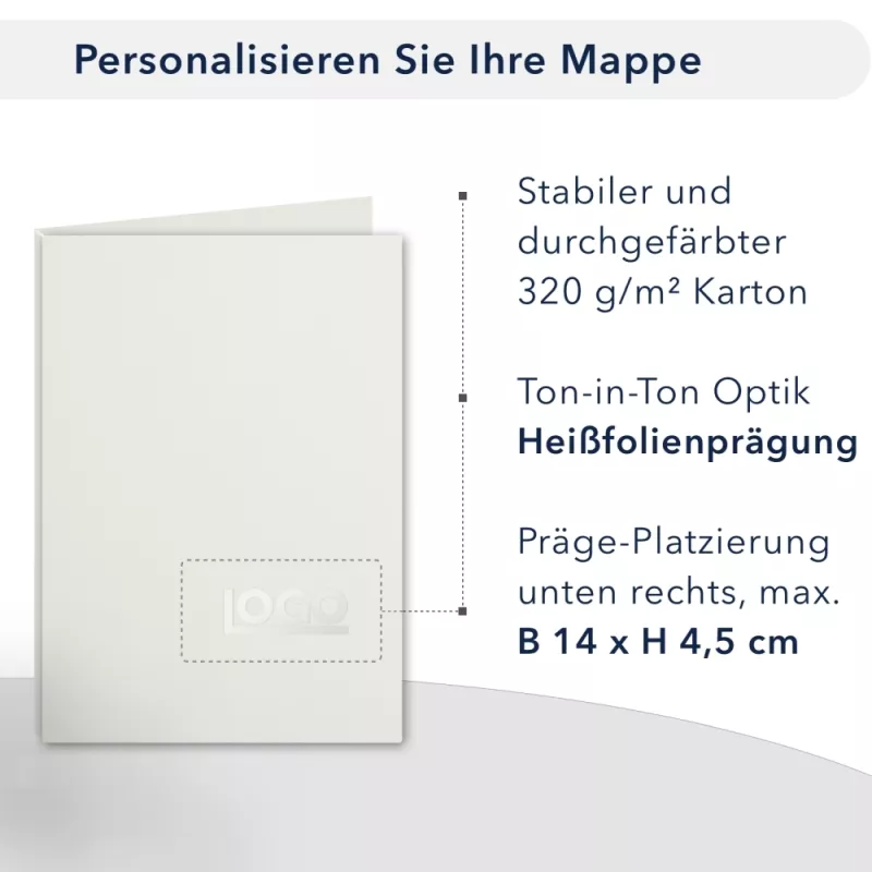 Premium Karton-Mappe 3-teilig in pearl white mit 2 Seiten Dreiecktaschen und 1 Klemmschiene