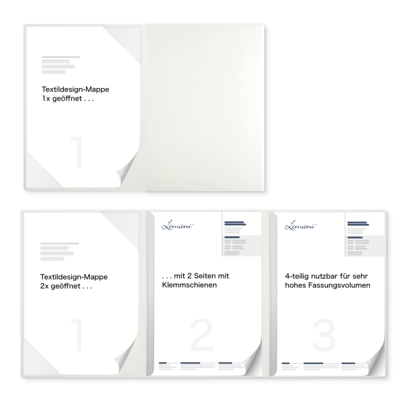 Karton-Mappe mit Textil-Design 3-teilig in pearl white mit Dreiecktaschen (li.) und 2 Klemmschienen