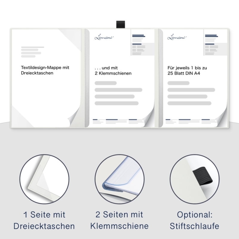 Premium Karton-Mappe 3-teilig in pearl white mit Dreiecktaschen (li.) und 2 Klemmschienen