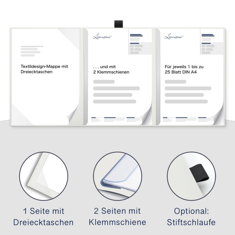 Karton-Mappe mit Textil-Design 3-teilig in pearl white mit Dreiecktaschen (li.) und 2 Klemmschienen
