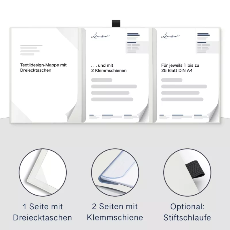 Premium Karton-Mappe 3-teilig in pearl white mit Dreiecktaschen (li.) und 2 Klemmschienen