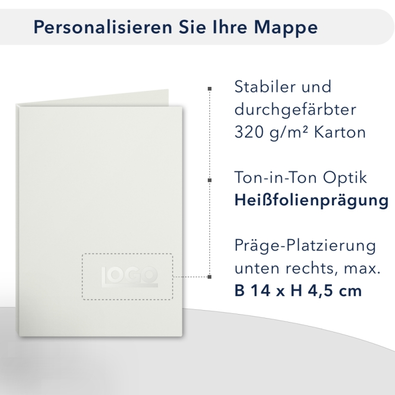 Karton-Mappe mit Textil-Design 3-teilig in pearl white mit Dreiecktaschen (li.) und 2 Klemmschienen