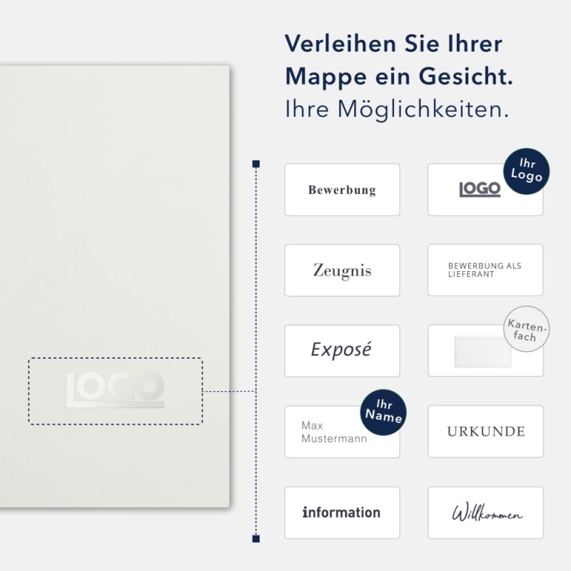Karton-Mappe mit Textil-Design 3-teilig in pearl white mit Dreiecktaschen (li.) und 2 Klemmschienen