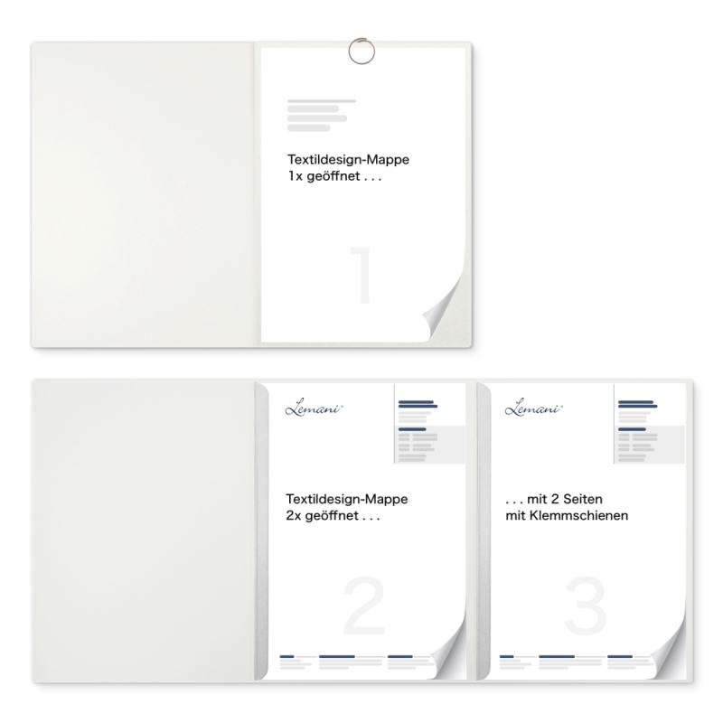 Karton-Mappe mit Textil-Design 3-teilig in pearl white mit runder Metallklammer (re.) und 2 Klemmschienen