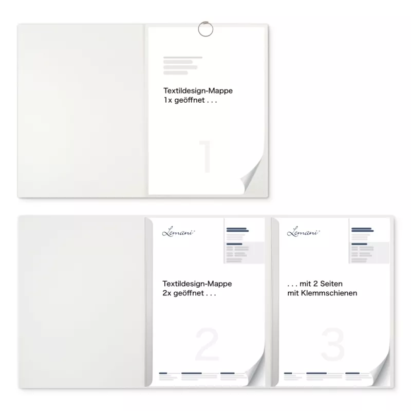 Premium Karton-Mappe 3-teilig in pearl white mit runder Metallklammer (re.) und 2 Klemmschienen