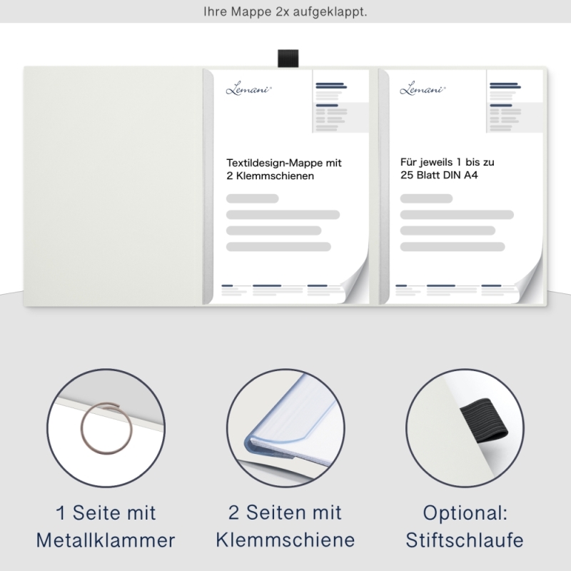 Karton-Mappe mit Textil-Design 3-teilig in pearl white mit runder Metallklammer (re.) und 2 Klemmschienen