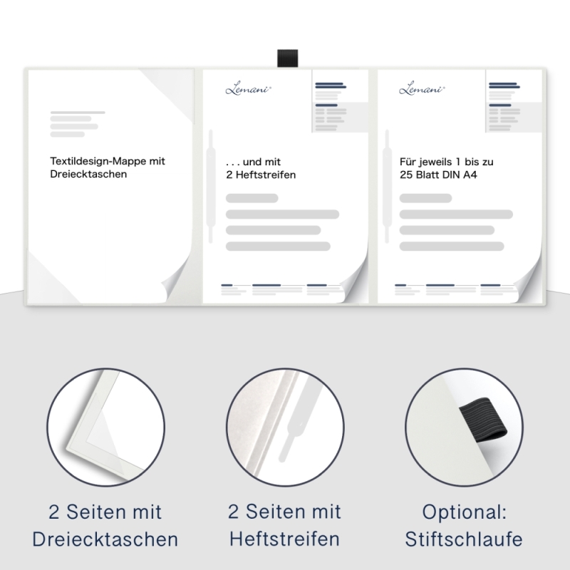 Karton-Mappe mit Textil-Design 4-teilig in pearl white mit 2 Seiten Dreiecktaschen und 2 Hefftstreifen