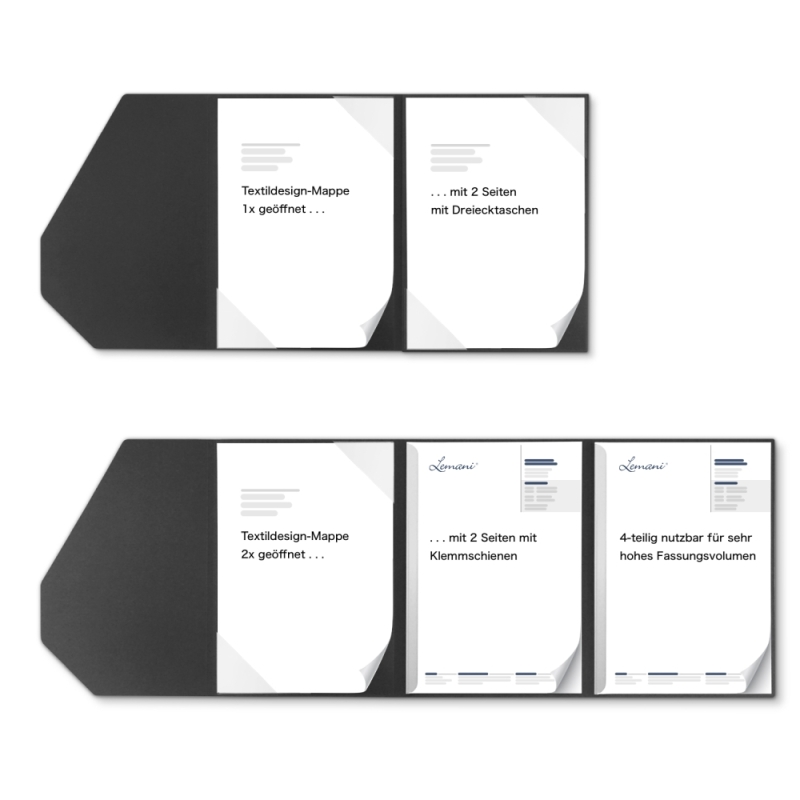 Premium Karton-Mappe 4-teilig in dark grey mit 2 Seiten Dreiecktaschen, 2 Klemmschienen und elegantem Steckverschluss