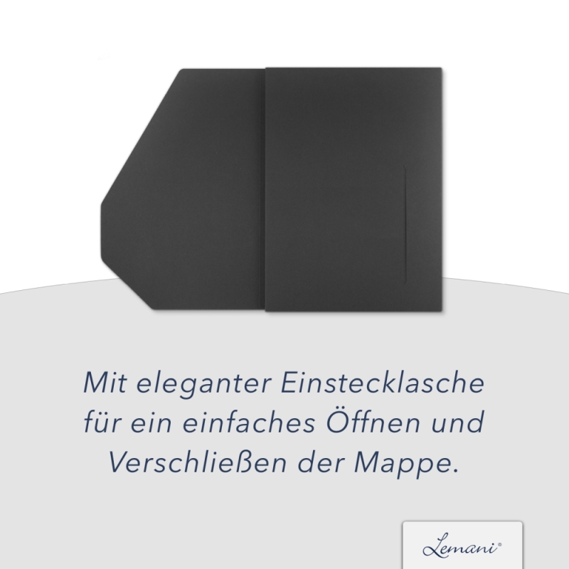 Karton-Mappe mit Textil-Design 4-teilig in dark grey mit 2 Seiten Dreiecktaschen, 2 Klemmschienen und elegantem Steckverschluss