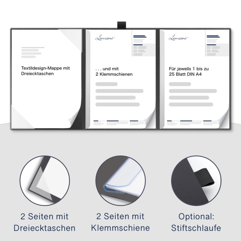 Karton-Mappe mit Textil-Design 4-teilig in dark grey mit 2 Seiten Dreiecktaschen und 2 Klemmschienen