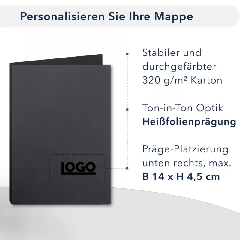 Premium Karton-Mappe 4-teilig in dark grey mit 2 Seiten Dreiecktaschen und 2 Klemmschienen