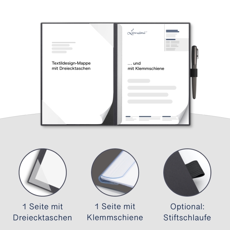 Karton-Mappe mit Textil-Design 2-teilig in dark grey mit Dreiecktaschen und 1 Klemmschiene