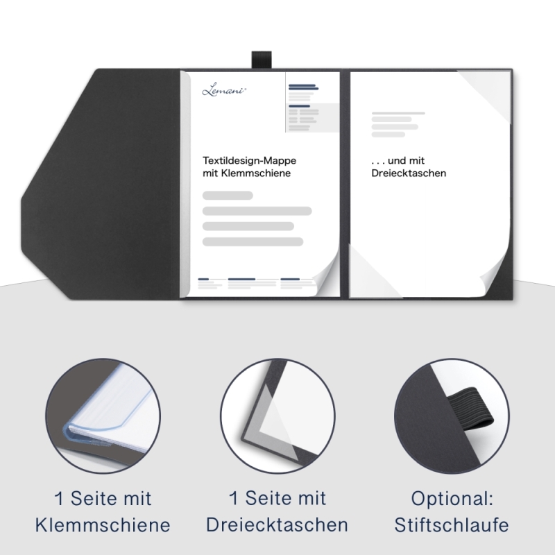Premium Karton-Mappe 2-teilig in dark grey mit Dreiecktaschen und 1 Klemmschiene und eleganter Verschlusslasche