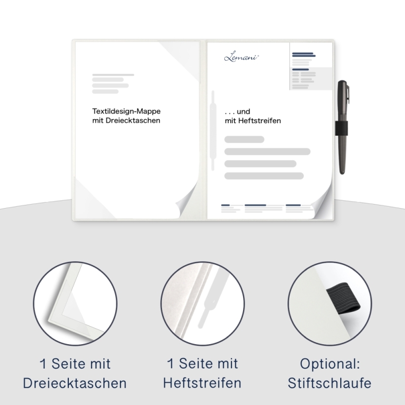 Karton-Mappe mit Textil-Design 2-teilig in pearl white mit Dreiecktaschen und 1 Heftstreifen