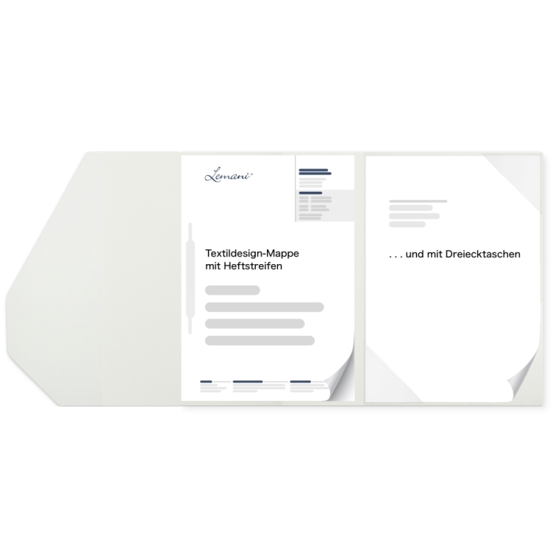 Karton-Mappe mit Textil-Design 2-teilig in pearl white mit 1 Heftstreifen und Dreiecktaschen und eleganter Verschlusslasche