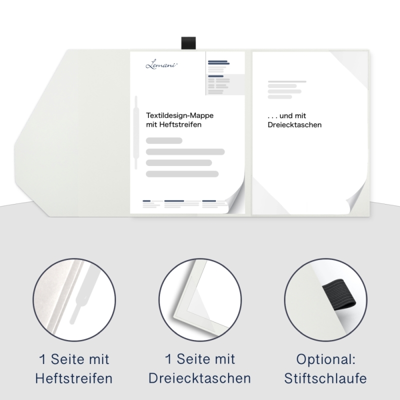 Karton-Mappe mit Textil-Design 2-teilig in pearl white mit 1 Heftstreifen und Dreiecktaschen und eleganter Verschlusslasche