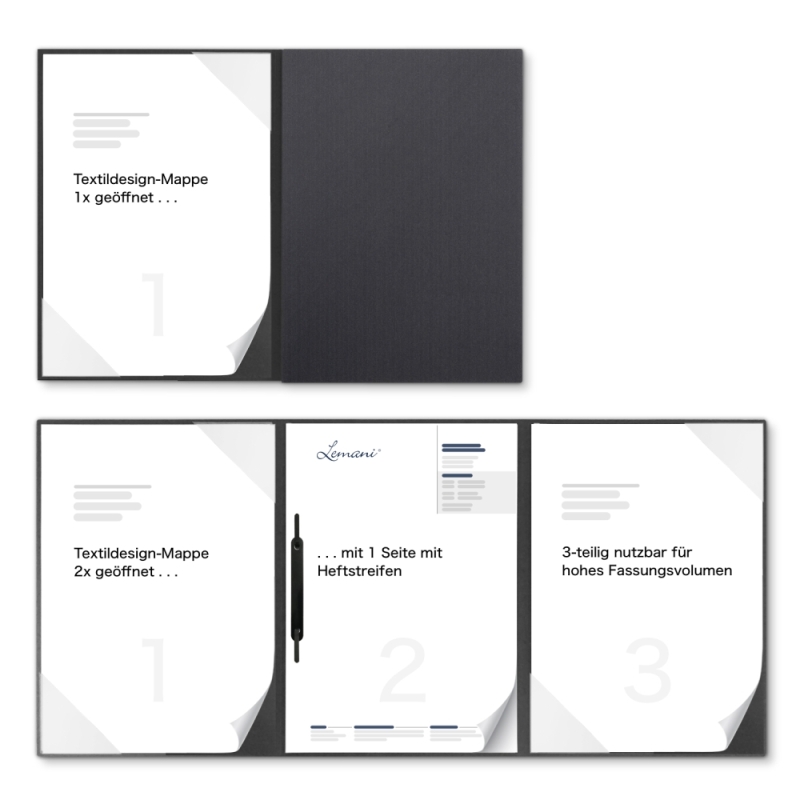 Karton-Mappe mit Textil-Design 3-teilig in dark grey mit 2 Seiten Dreiecktaschen und 1 Heftstreifen
