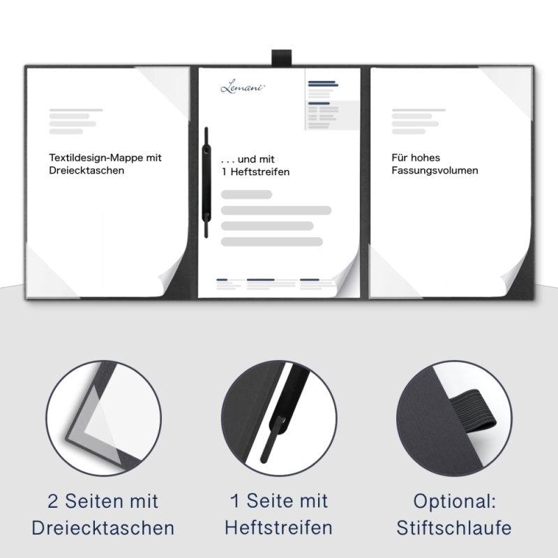 Premium Karton-Mappe 3-teilig in dark grey mit 2 Seiten Dreiecktaschen und 1 Heftstreifen