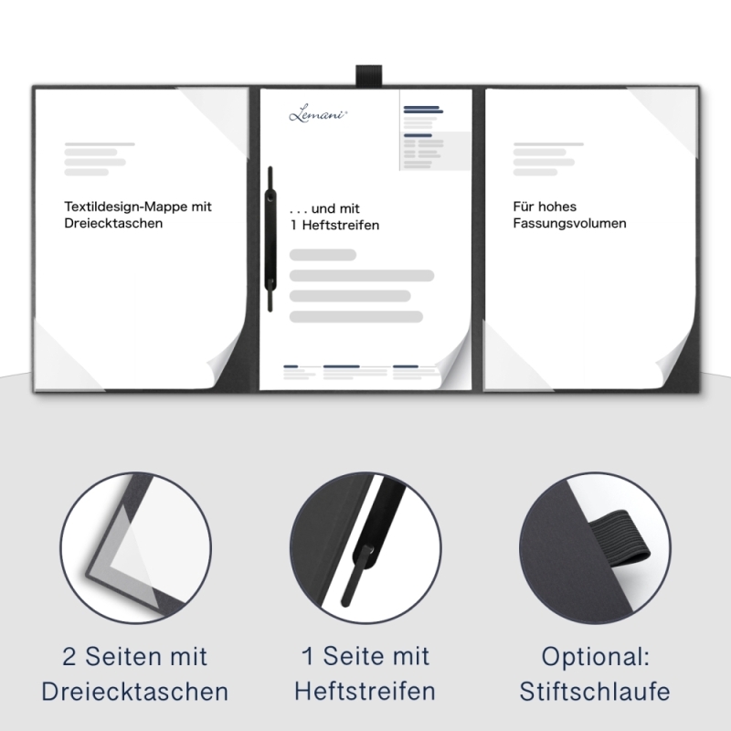 Karton-Mappe mit Textil-Design 3-teilig in dark grey mit 2 Seiten Dreiecktaschen und 1 Heftstreifen