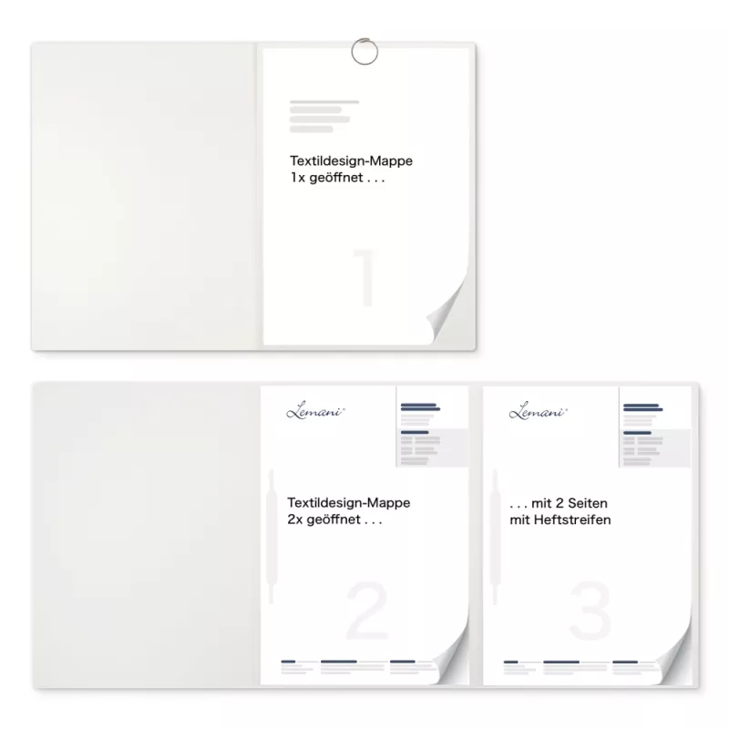 Premium Karton-Mappe 3-teilig in pearl white mit runder Metallklammer (re.) und 2 Heftstreifen