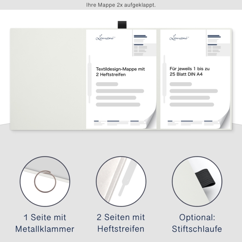 Karton-Mappe mit Textil-Design 3-teilig in pearl white mit runder Metallklammer (re.) und 2 Heftstreifen