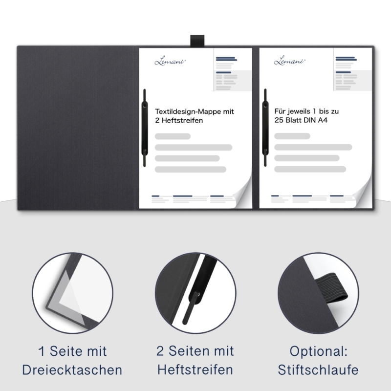Premium Karton-Mappe 3-teilig in dark grey mit Dreiecktaschen (re.) und 2 Heftstreifen