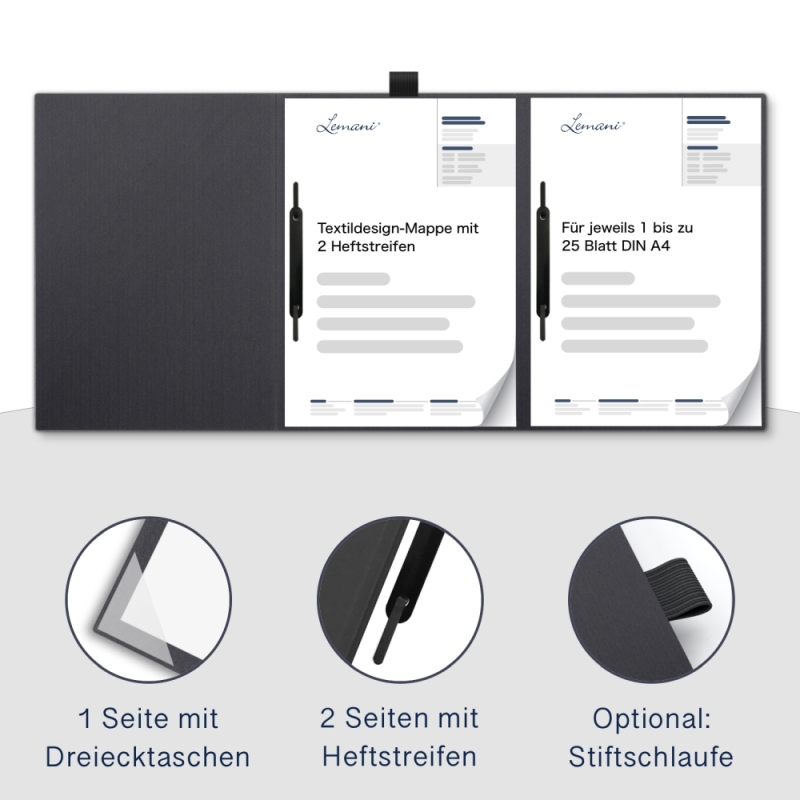 Karton-Mappe mit Textil-Design 3-teilig in dark grey mit Dreiecktaschen (re.) und 2 Heftstreifen