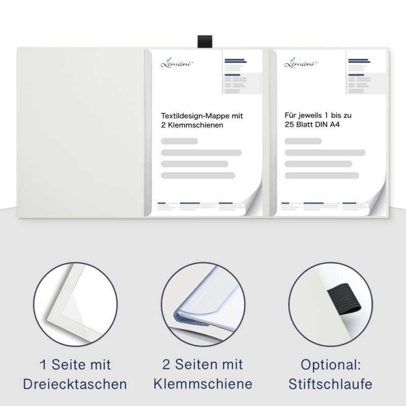 Karton-Mappe mit Textil-Design 3-teilig in pearl white mit Dreiecktaschen (re.) und 2 Klemmschienen