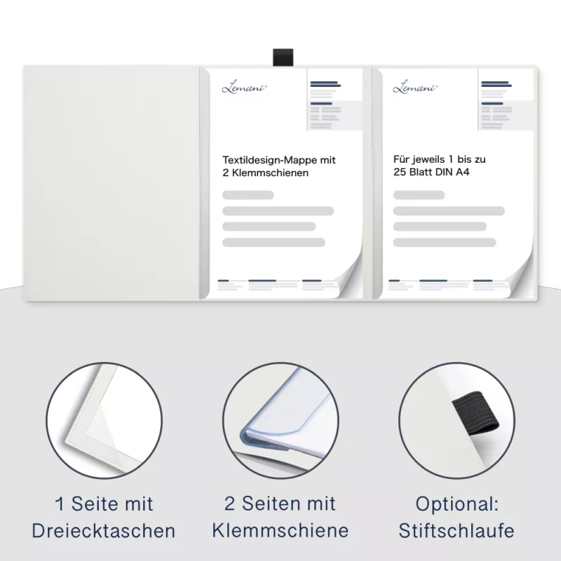 Premium Karton-Mappe 3-teilig in pearl white mit Dreiecktaschen (re.) und 2 Klemmschienen