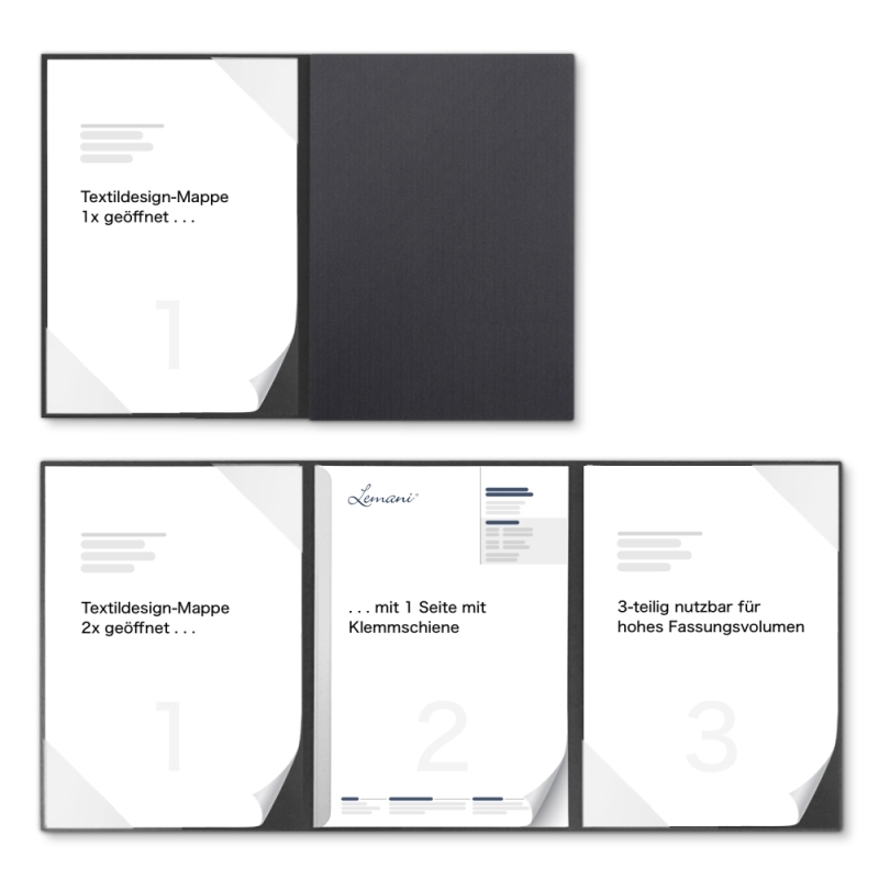 Premium Karton-Mappe 3-teilig in dark grey mit 2 Seiten Dreiecktaschen und 1 Klemmschiene