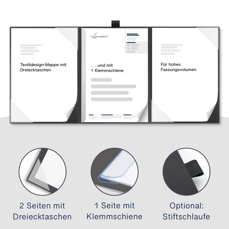 Karton-Mappe mit Textil-Design 3-teilig in dark grey mit 2 Seiten Dreiecktaschen und 1 Klemmschiene
