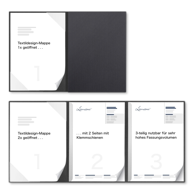 Premium Karton-Mappe 3-teilig in dark grey mit Dreiecktaschen (li.) und 2 Klemmschienen