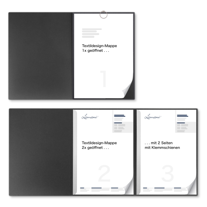 Karton-Mappe mit Textil-Design 3-teilig in dark grey mit runder Metallklammer (re.) und 2 Klemmschienen