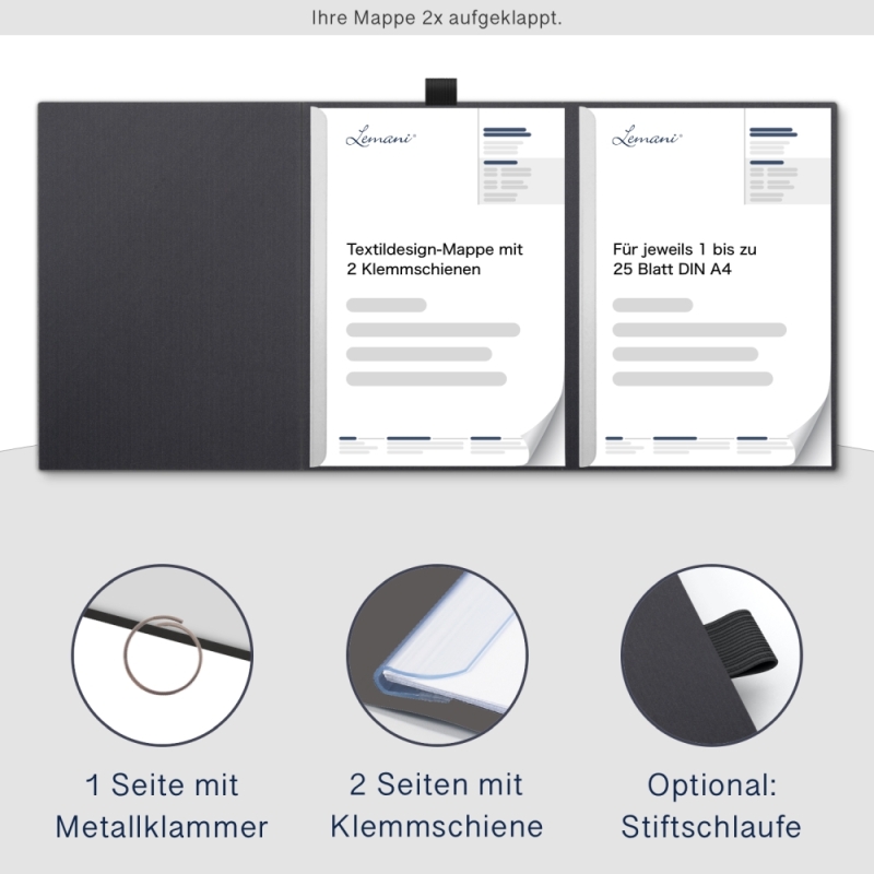 Karton-Mappe mit Textil-Design 3-teilig in dark grey mit runder Metallklammer (re.) und 2 Klemmschienen