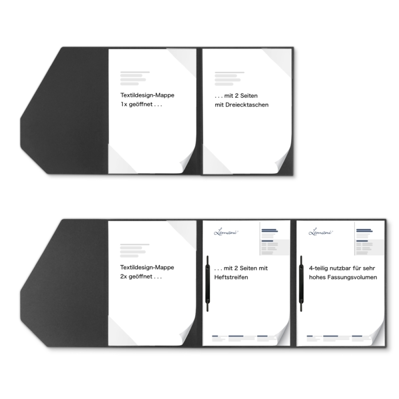 Premium Karton-Mappe 4-teilig in dark grey mit 2 Seiten Dreiecktaschen, 2 Heftstreifen und elegantem Steckverschluss