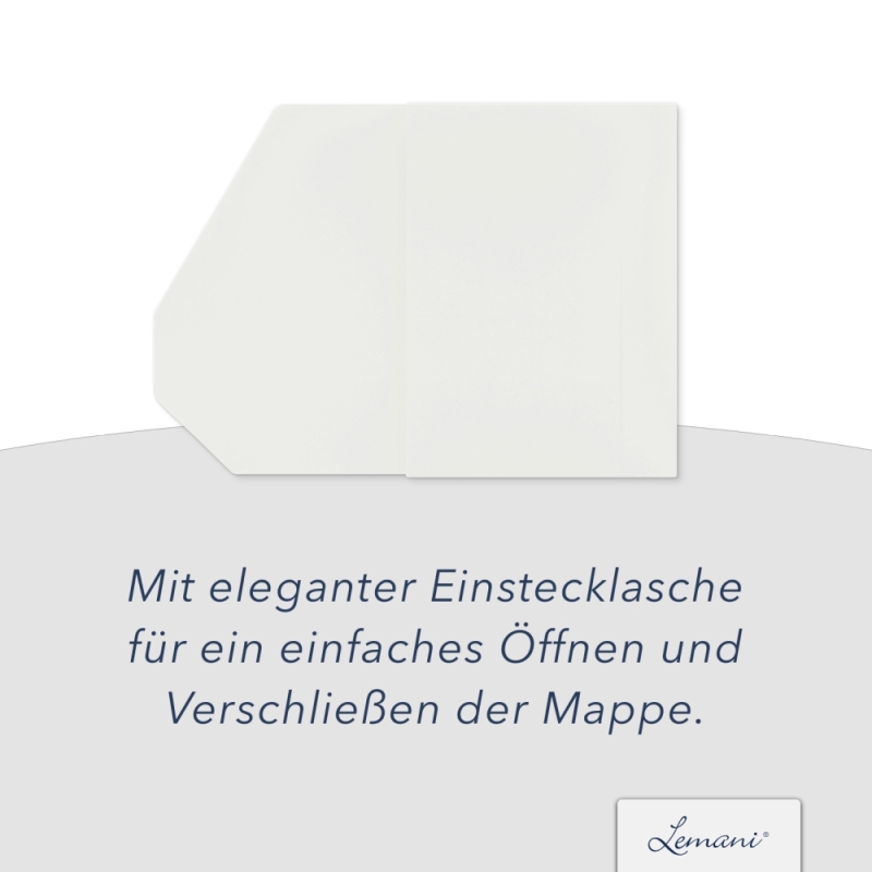 Karton-Mappe mit Textil-Design 4-teilig in pearl white mit 2 Seiten Dreiecktaschen, 2 Klemmschienen und elegantem Steckverschluss