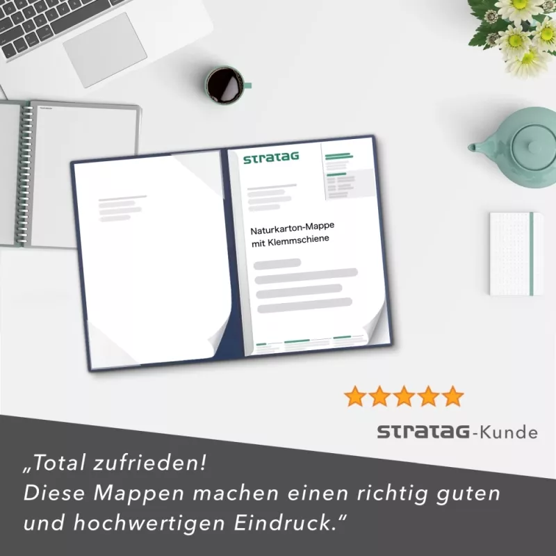 Premium Karton-Mappe 2-teilig in Marineblau mit Dreiecktaschen und 1 Klemmschiene