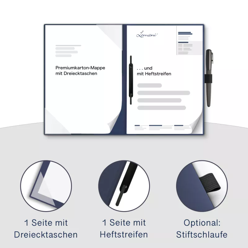 Premium Karton-Mappe 2-teilig in Marineblau mit Dreiecktaschen und 1 Heftstreifen