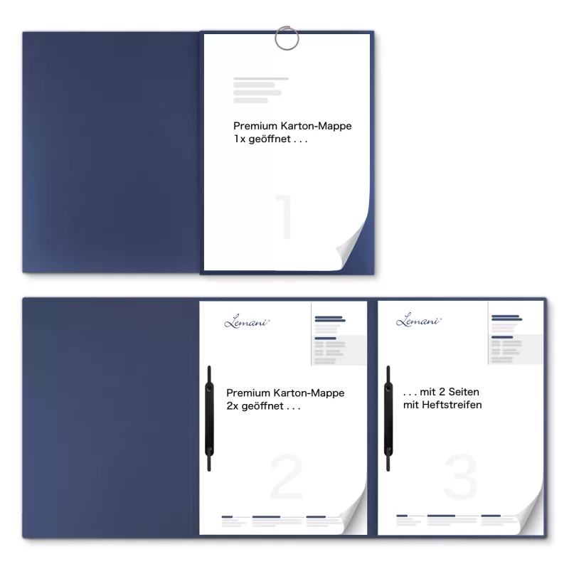 Premium Karton-Mappe 3-teilig in Marineblau mit runder Metallklammer und 2 Heftstreifen