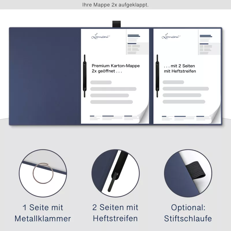 Premium Karton-Mappe 3-teilig in Marineblau mit runder Metallklammer und 2 Heftstreifen
